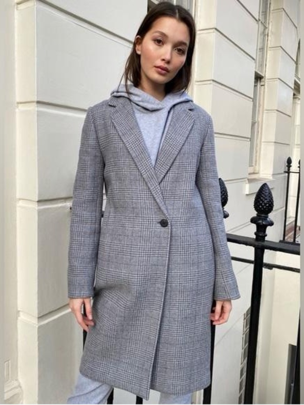 Babaton Grey Plaid Single-Button Trench Coat